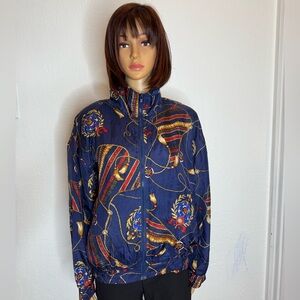 BOGARI STUDIO 90’s Patterned 100% Silk Zip Up Blouson Women’s Size M Navy